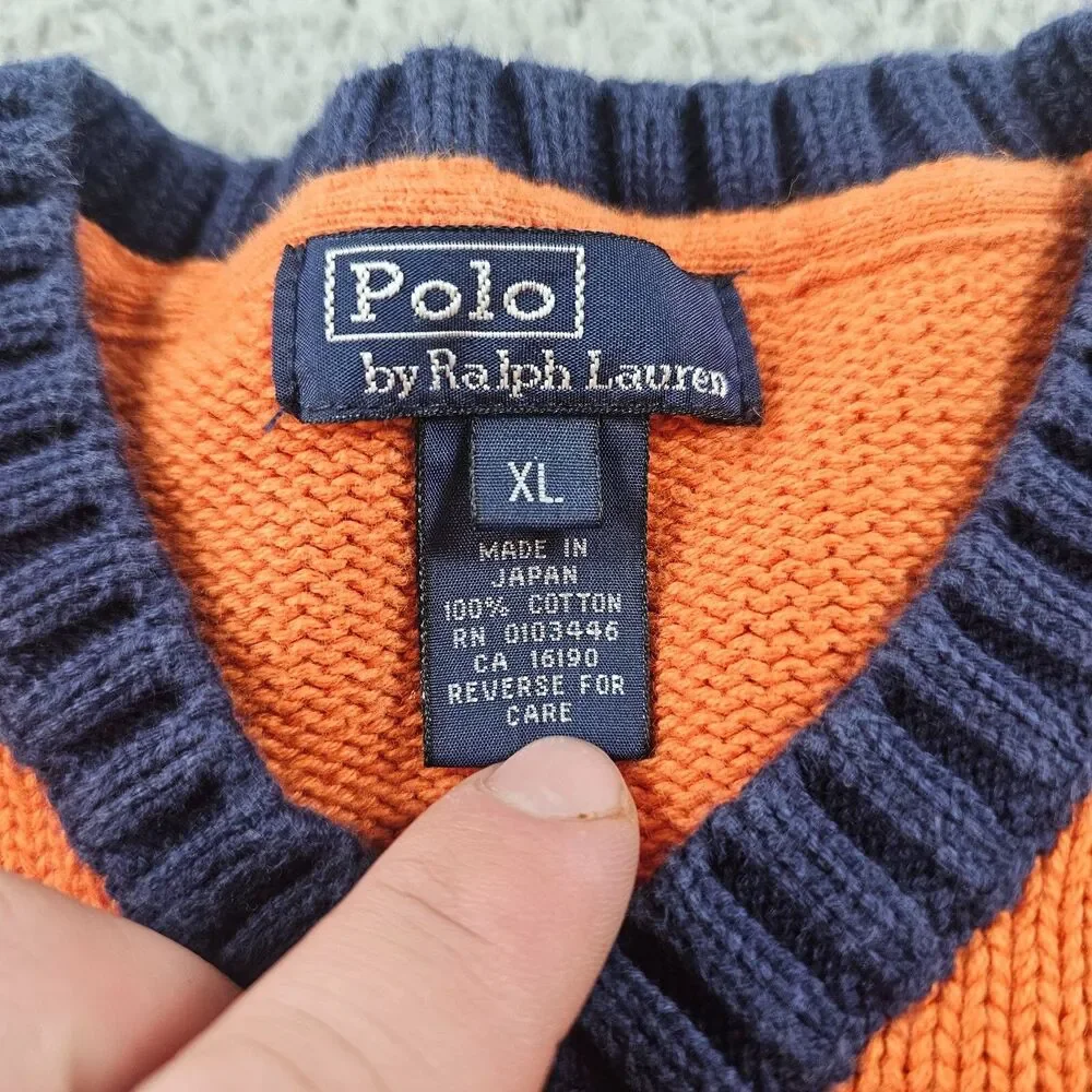Vintage Polo Ralph Lauren Sweater Youth XL Orange V Neck Pullover Japan Y2K 90s